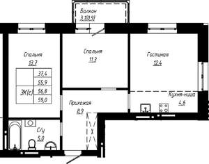 3-к квартира, строящийся дом, 57м2, 3/16 этаж