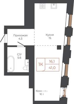 1-к квартира, строящийся дом, 41м2, 25/27 этаж