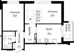 2-к квартира, строящийся дом, 54м2, 5/10 этаж