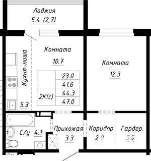 2-к квартира, строящийся дом, 44м2, 2/10 этаж