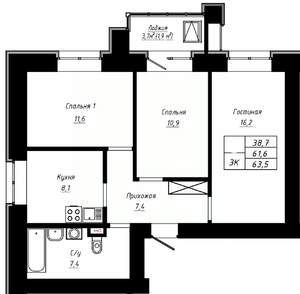 3-к квартира, строящийся дом, 64м2, 14/16 этаж