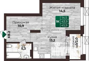 1-к квартира, строящийся дом, 46м2, 5/22 этаж