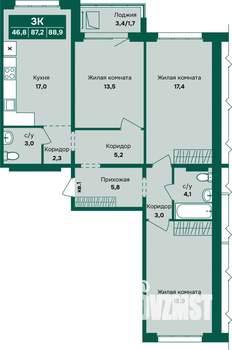 3-к квартира, строящийся дом, 89м2, 3/12 этаж
