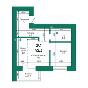 2-к квартира, строящийся дом, 42м2, 9/10 этаж