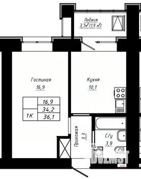 1-к квартира, строящийся дом, 36м2, 10/16 этаж