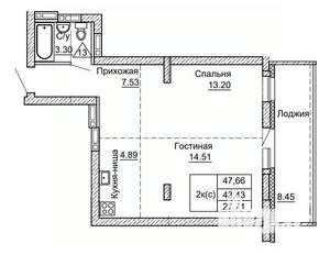2-к квартира, строящийся дом, 48м2, 5/9 этаж