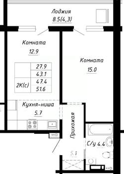 2-к квартира, строящийся дом, 47м2, 1/10 этаж