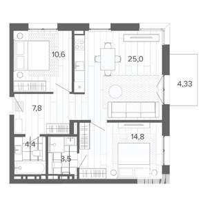 3-к квартира, строящийся дом, 70м2, 8/9 этаж