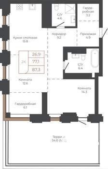 2-к квартира, строящийся дом, 87м2, 18/27 этаж