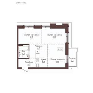 3-к квартира, строящийся дом, 57м2, 6/23 этаж