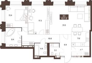 3-к квартира, строящийся дом, 108м2, 12/16 этаж