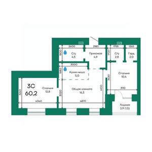 3-к квартира, строящийся дом, 60м2, 8/10 этаж