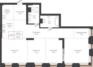 4-к квартира, вторичка, 133м2, 6/27 этаж