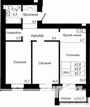 3-к квартира, вторичка, 65м2, 1/10 этаж