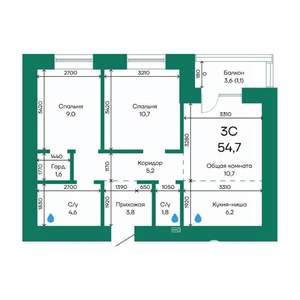 3-к квартира, строящийся дом, 55м2, 8/10 этаж