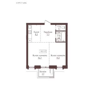 2-к квартира, строящийся дом, 46м2, 21/23 этаж