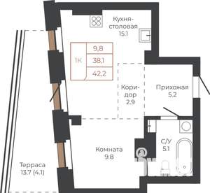 1-к квартира, строящийся дом, 42м2, 16/27 этаж