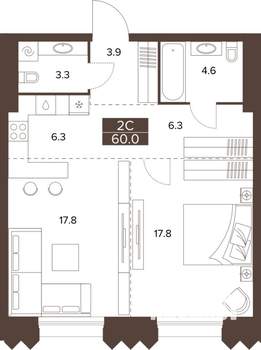 2-к квартира, строящийся дом, 60м2, 2/16 этаж