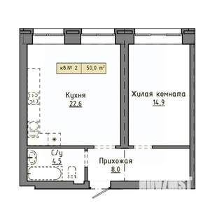 1-к квартира, строящийся дом, 50м2, 1/9 этаж