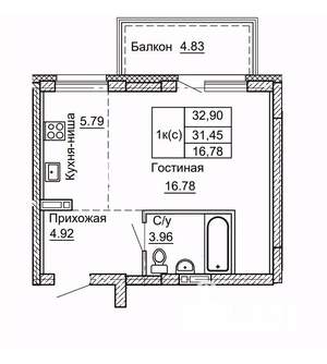 1-к квартира, строящийся дом, 33м2, 3/9 этаж