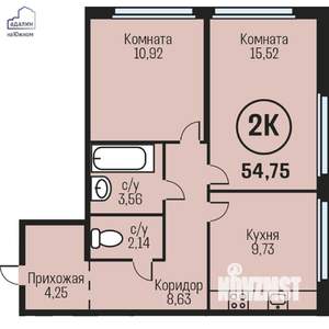 2-к квартира, строящийся дом, 55м2, 17/24 этаж