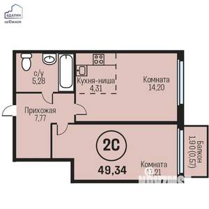 2-к квартира, строящийся дом, 49м2, 24/24 этаж