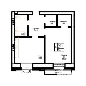 1-к квартира, строящийся дом, 56м2, 6/7 этаж