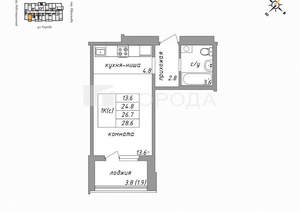 1-к квартира, вторичка, 26м2, 3/17 этаж