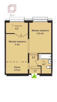 2-к квартира, сданный дом, 45м2, 9/17 этаж