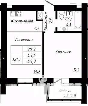 2-к квартира, строящийся дом, 46м2, 2/10 этаж