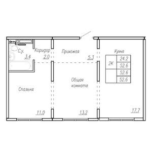 2-к квартира, строящийся дом, 53м2, 2/17 этаж