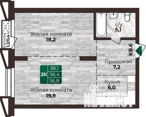 2-к квартира, строящийся дом, 57м2, 18/22 этаж