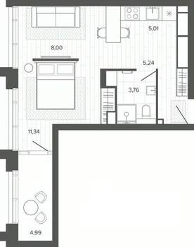 1-к квартира, строящийся дом, 38м2, 7/19 этаж