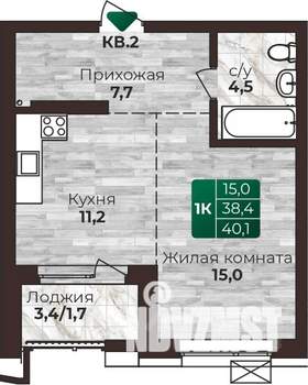 1-к квартира, строящийся дом, 40м2, 22/22 этаж