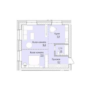 2-к квартира, строящийся дом, 52м2, 2/8 этаж