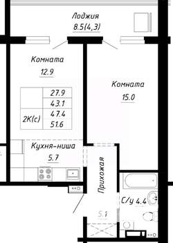 2-к квартира, строящийся дом, 47м2, 10/10 этаж