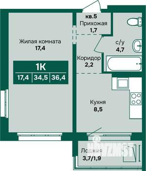 1-к квартира, строящийся дом, 36м2, 9/17 этаж