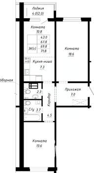 3-к квартира, строящийся дом, 70м2, 2/10 этаж