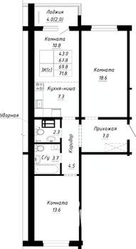 3-к квартира, строящийся дом, 70м2, 9/10 этаж