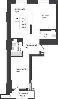 2-к квартира, строящийся дом, 64м2, 16/21 этаж