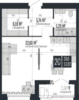 2-к квартира, строящийся дом, 53м2, 12/15 этаж