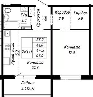 2-к квартира, строящийся дом, 44м2, 10/10 этаж