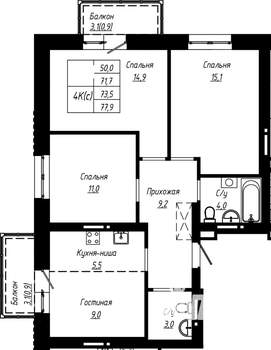 4-к квартира, строящийся дом, 74м2, 16/16 этаж
