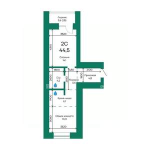 2-к квартира, строящийся дом, 45м2, 9/10 этаж