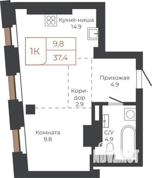 1-к квартира, строящийся дом, 37м2, 22/27 этаж