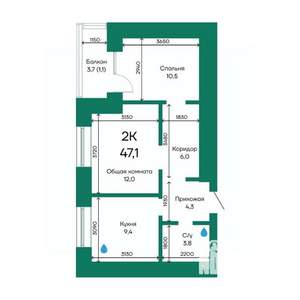 2-к квартира, строящийся дом, 47м2, 9/10 этаж