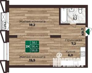 2-к квартира, строящийся дом, 57м2, 6/22 этаж
