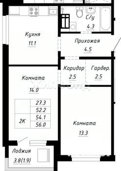 2-к квартира, строящийся дом, 44м2, 8/10 этаж