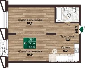 2-к квартира, строящийся дом, 57м2, 7/22 этаж
