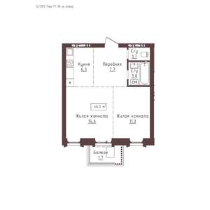 2-к квартира, строящийся дом, 46м2, 18/23 этаж